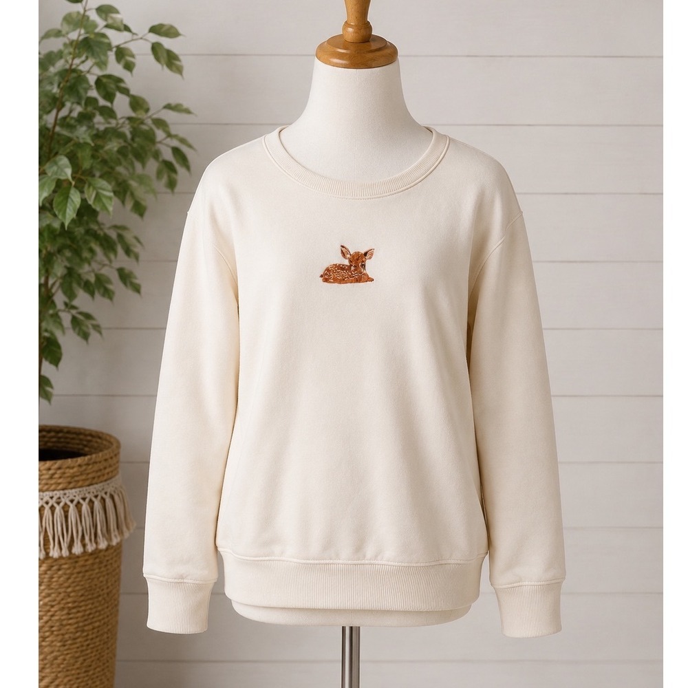 Art Class Kids Cream Embroidered Deer Fawn Sweatshirt Fleece Pullover L 10/12‎